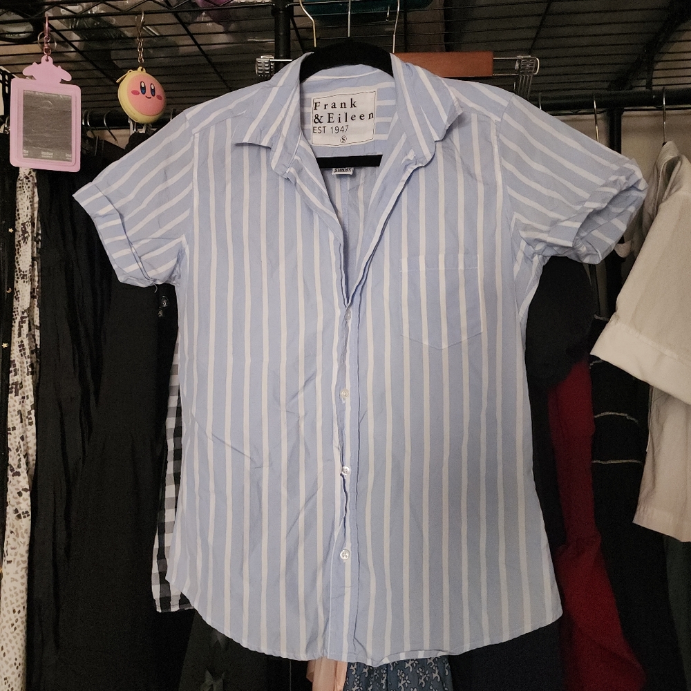 Frank & Eileen Button Stripped White & Blue Down Shirt, Small